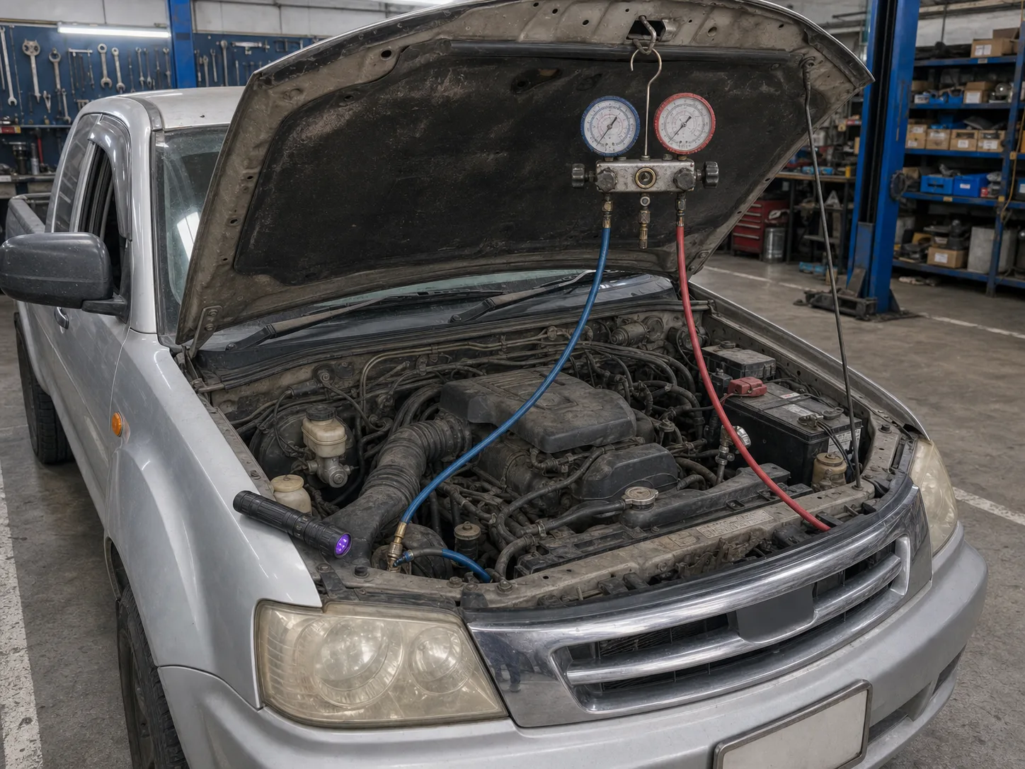 A manifold gauge set connected to a pickup's air-conditioning ports, both dials readable
