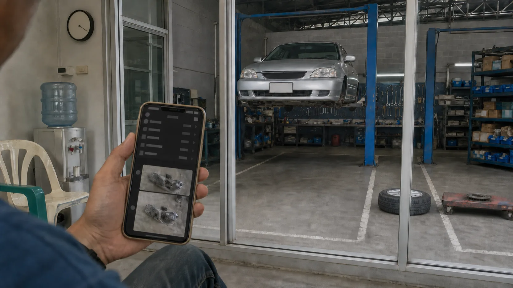 A phone held up in a workshop waiting room showing an itemized estimate with photographs attached