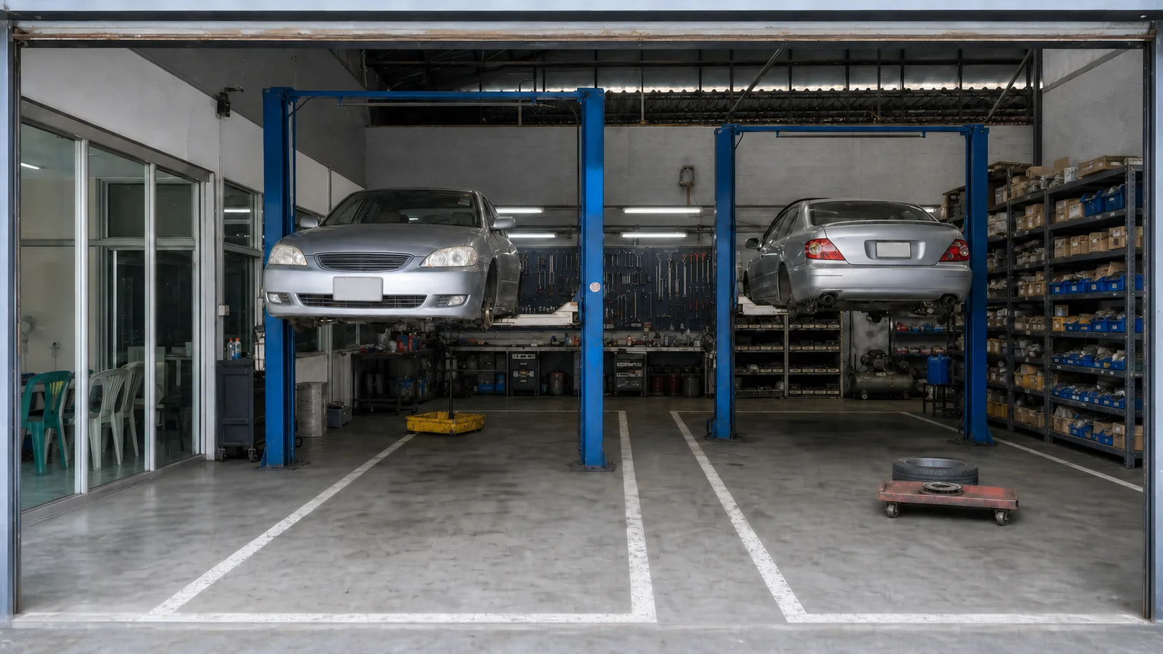 The three-bay workshop seen from the open roller shutter, with two cars on lifts and a tidy tool wall