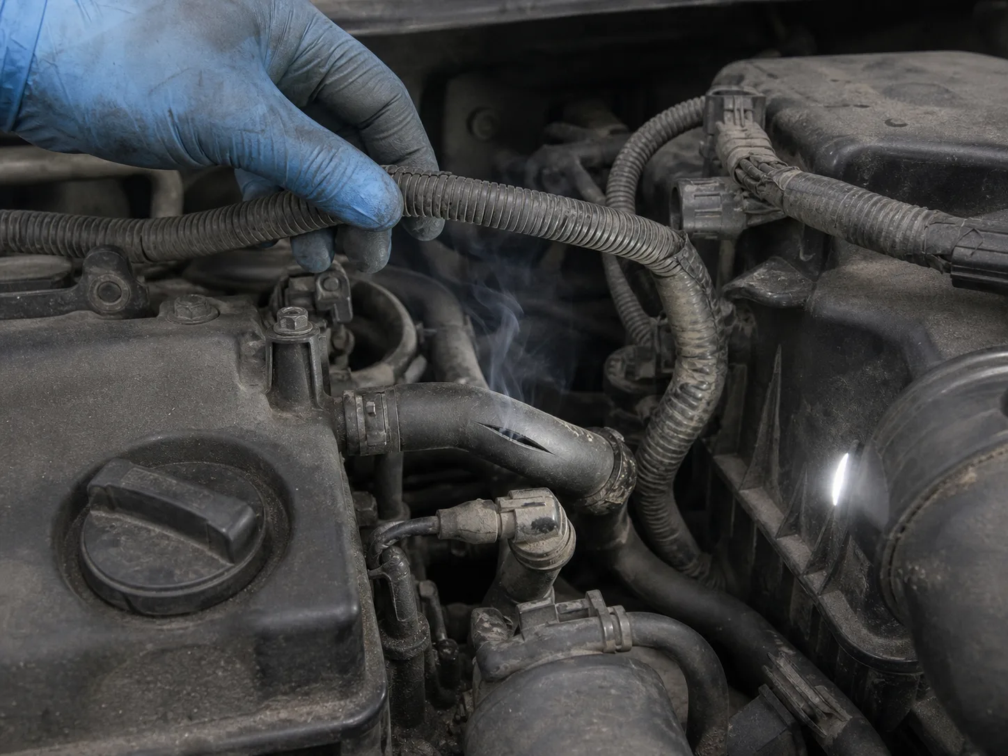 ควันบาง ๆ ลอยออกจากรอยแตกบนท่อยาง PCV ในห้องเครื่องที่เต็มไปด้วยฝุ่น