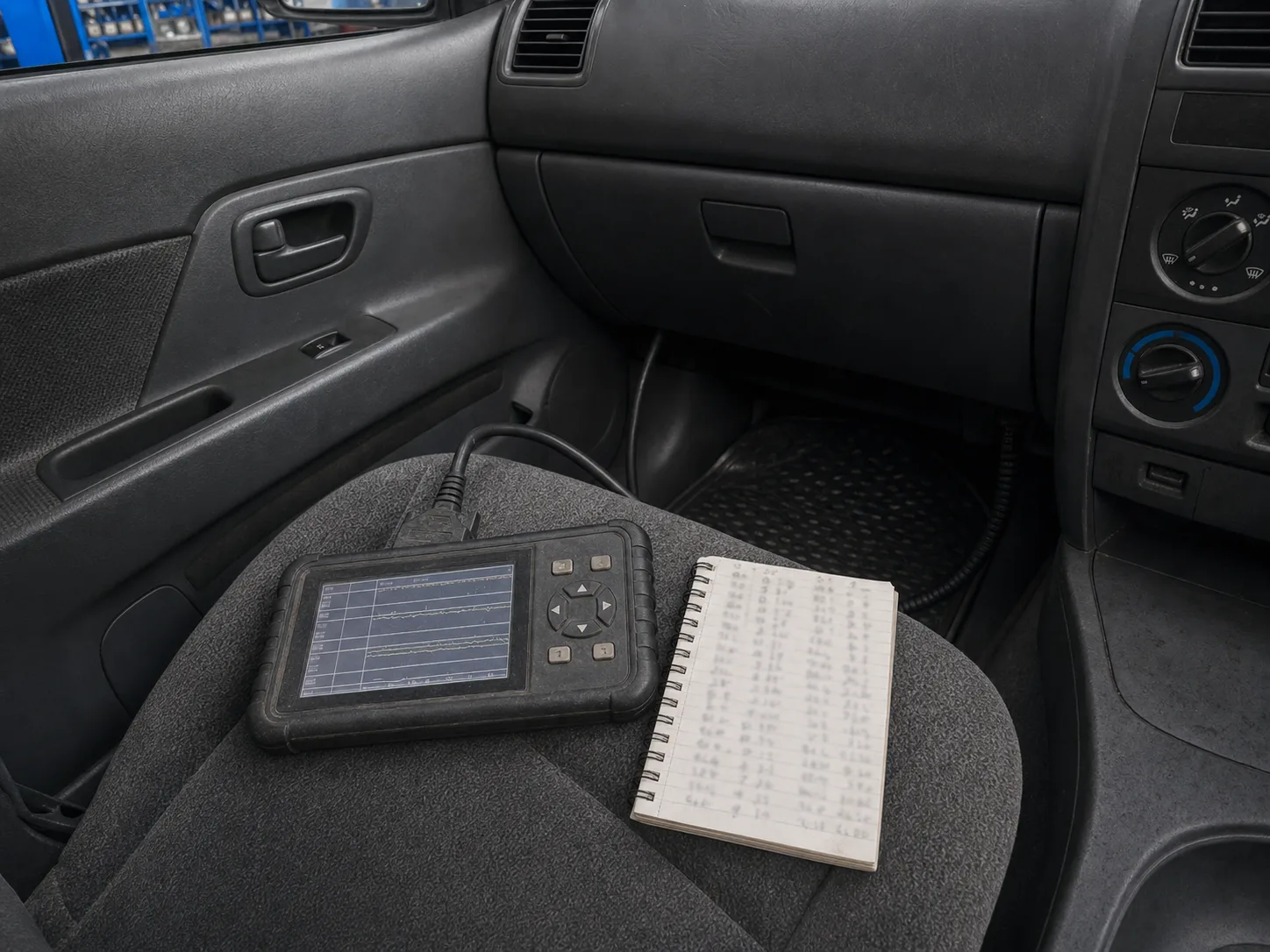 A diagnostic scan tool on the passenger seat showing live engine data, with a notebook beside it