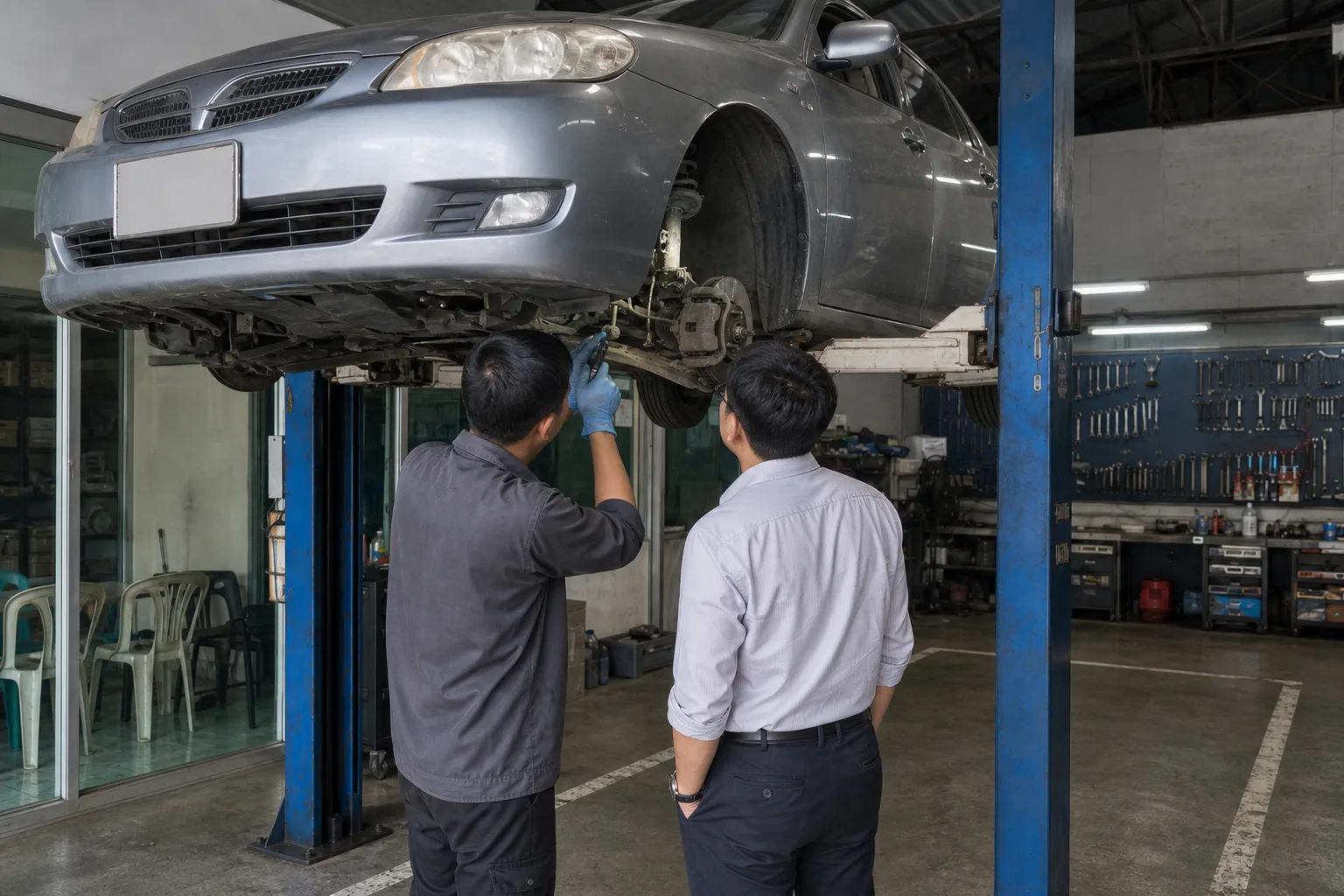 A technician under a raised car, pointing a torch at a suspension joint while the owner looks up at it