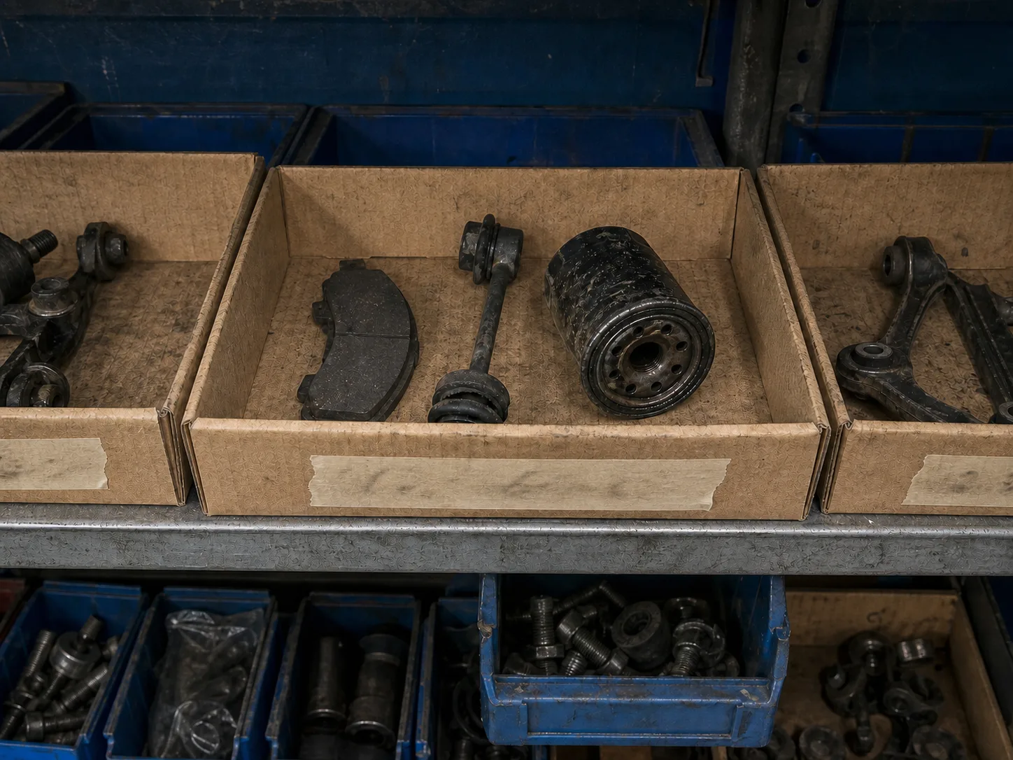 A cardboard tray on a shelf holding removed parts, with a job number written on the side in marker