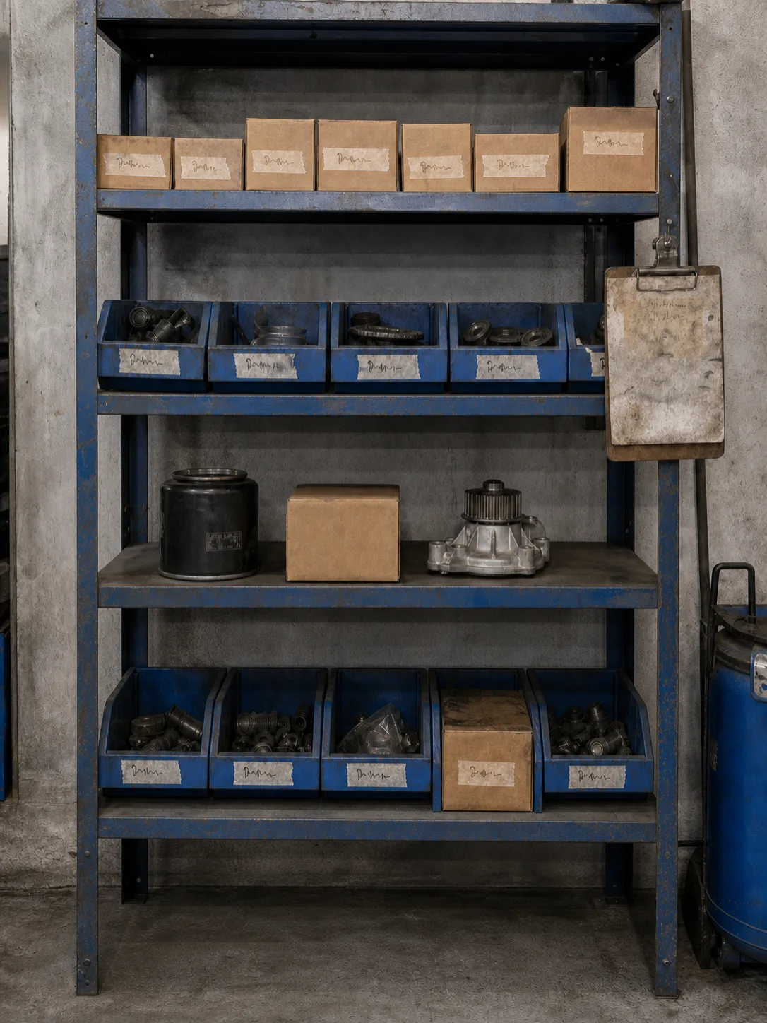 A parts staging shelf with boxed parts, each carrying a handwritten job number on a strip of tape